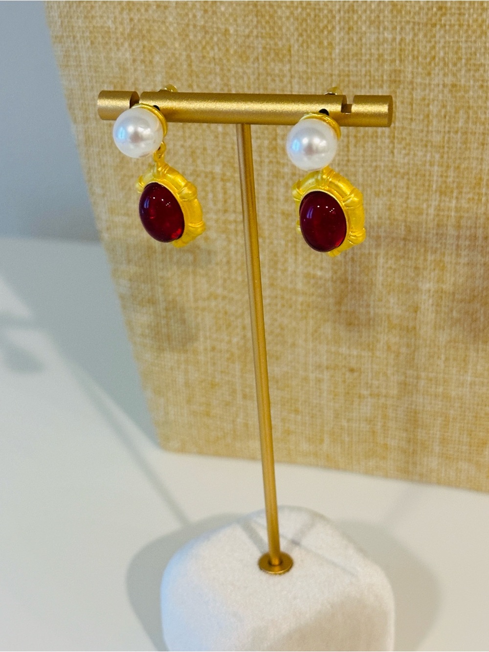 Fashion Jewelry Gold-Tone Pearl Drop Earrings with Red Cabochon